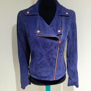 Ted Baker Womens Suede Moto Jacket Size 1 Blue Rose Gold Bikercore Edgy Cool NEW